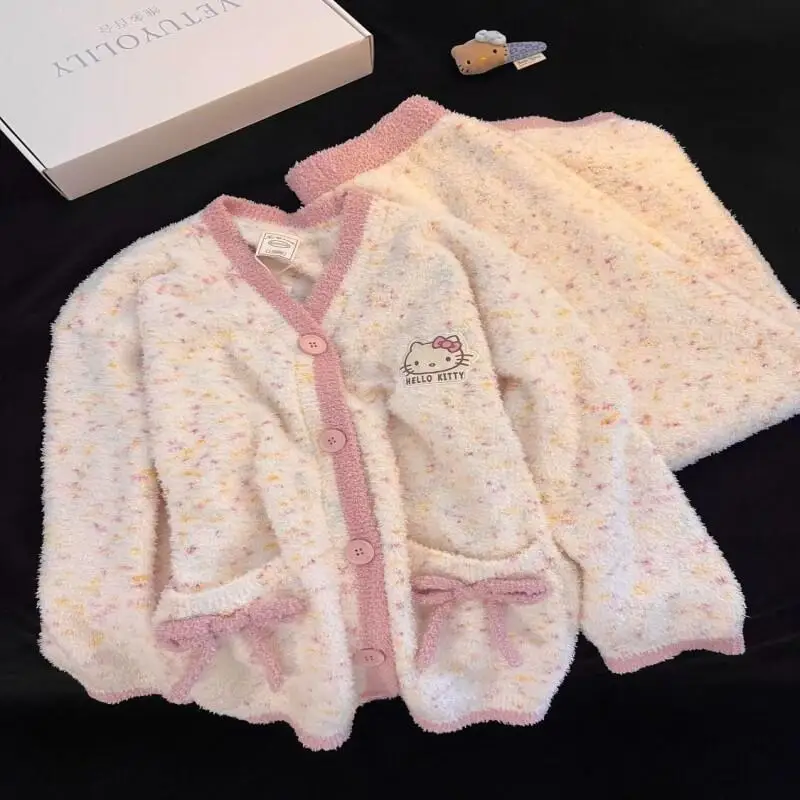 

Kawaii Hello Kitty Warm Pajamas Set Women Winter Coral Fleece Thick Flannel Homewear Loungewear Outfit Cozy Sleepwear Cute