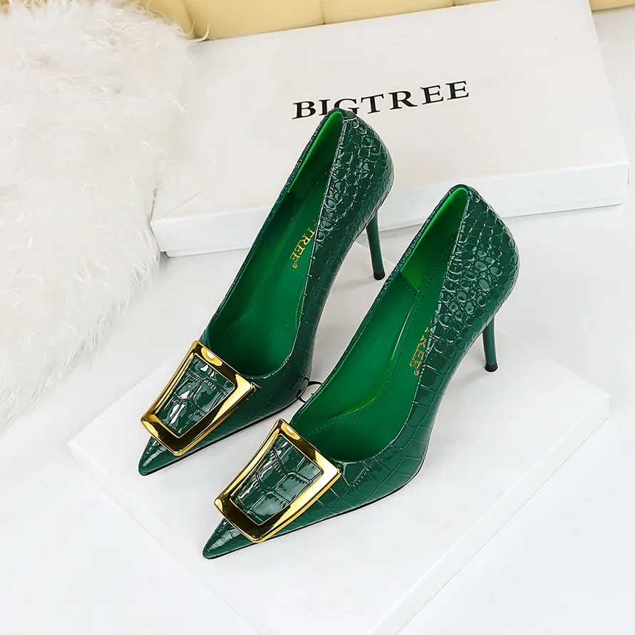 BIGTREE sepatu High Heels wanita, sepatu pump hak tinggi motif kulit ular gesper dekorasi logam ukuran 34-40