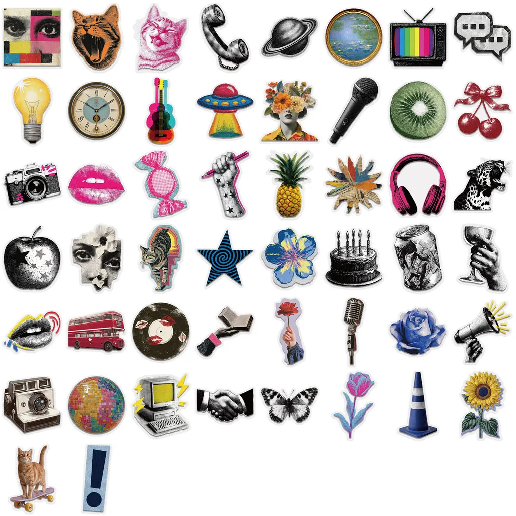 50 Stück Y2K Pop-Art Alltagsgegenstände PET Wasserfeste Aufkleber, Auffällige Cartoon-Objekt-Sticker für Gitarre, Skateboard Giajar Sticker Store – Detail 3