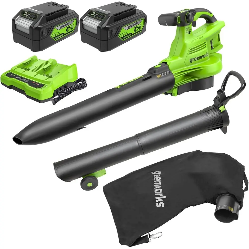 

48V (24V x 2) CordlBrushlLea Blower/Vacuum (520 CM / 240 MPH) with Bag, Powerul & Eicient or Yard Debris Cleanup, Includes (2) 4