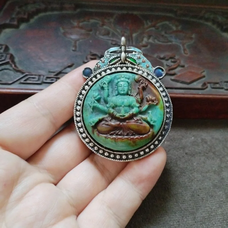 Collectible Patina Old Silver Inlaid Turquoise Thousand-Hand Guanyin Pendant Hanging Ornament Accessory