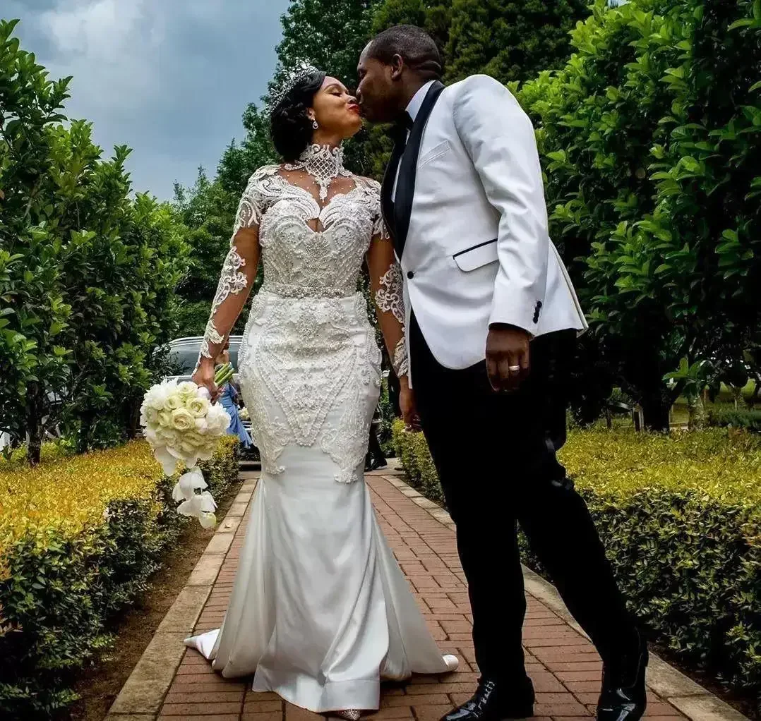 Customized Long Sleeve Mermaid Wedding Dress 2025  African Nigerian Heavy Pearls Crystals Arabic Princess Bridal Reception Dress