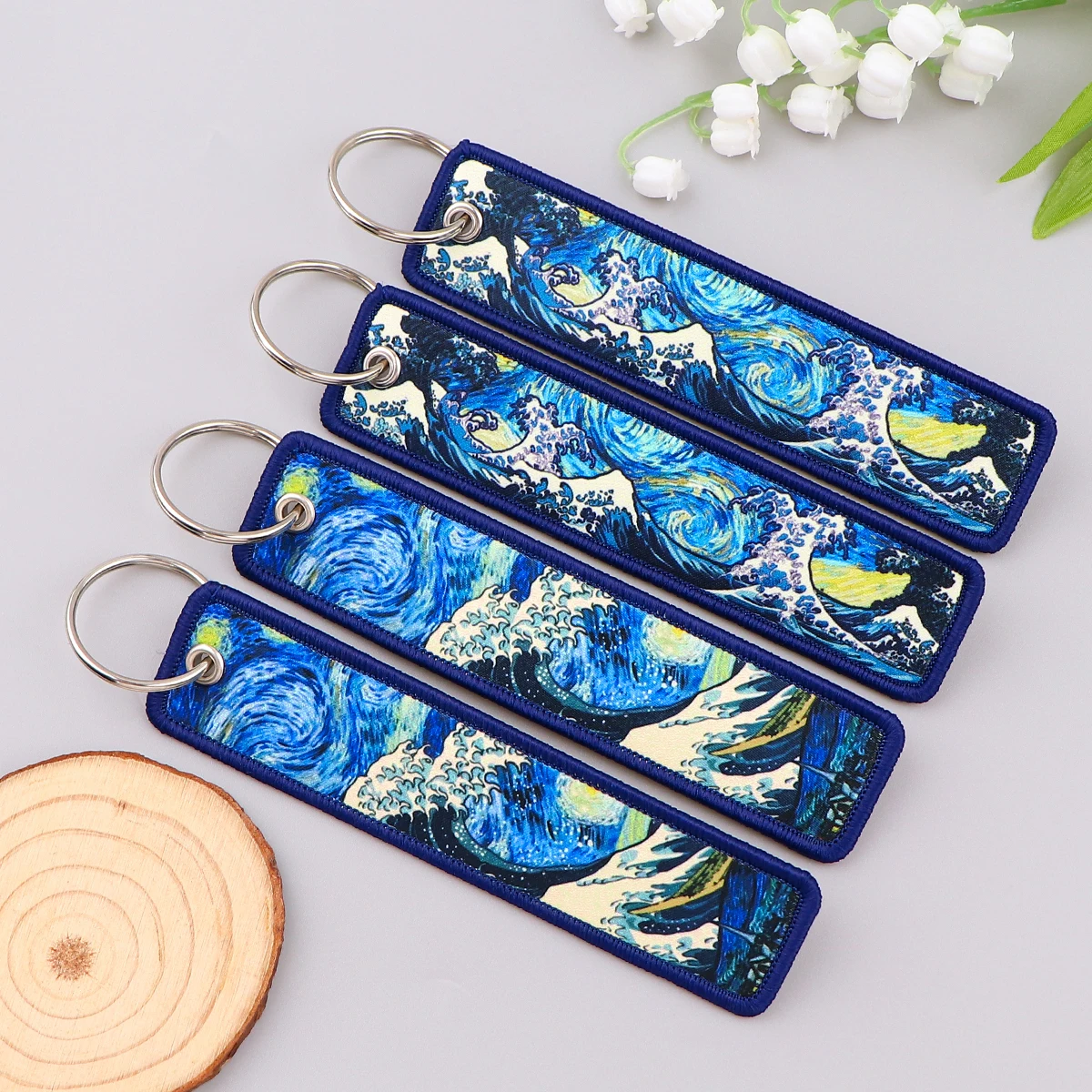 

Wave Art Painting Key Tag Van Gogh Key Ring Motorcycles Cars Bag Backpack Chaveiro Embroidery Key Fobs Fashion Keychain Gifts