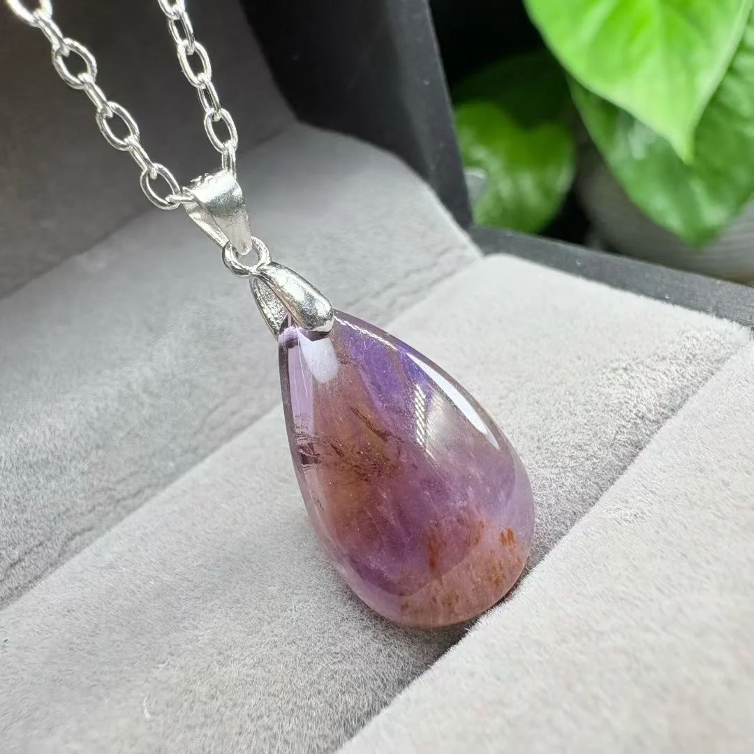 1 Pc Fengbaowu Natural Stone Purple Quartz Rutilated Aurora 23 Water Drop Pendant 925 Sterling Silver Jewelry Gift For Women
