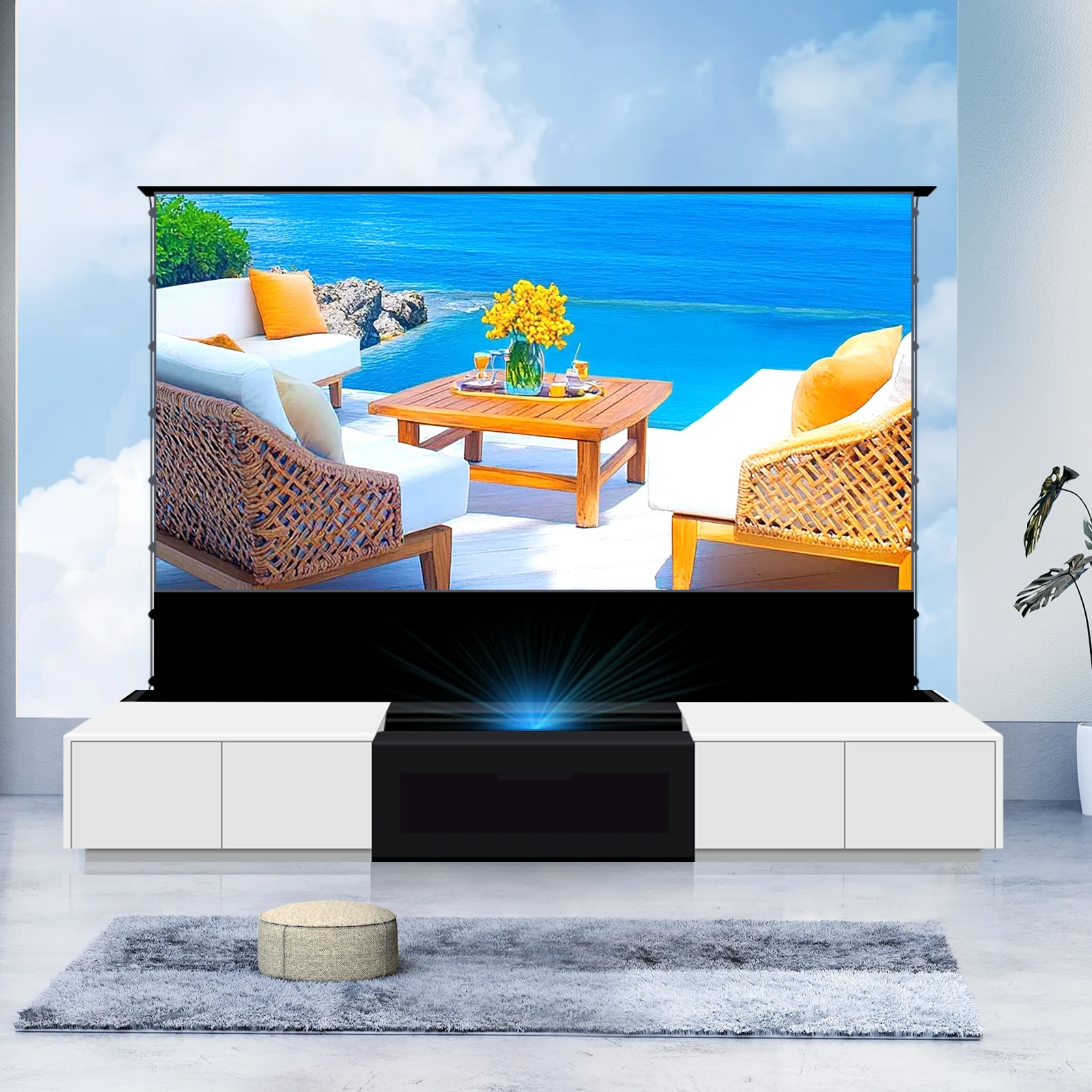 120 inch T-prism White Motorized Floor Rising Projection Screen + Integrated Laser TV Cabinet for Ultra Short Throw