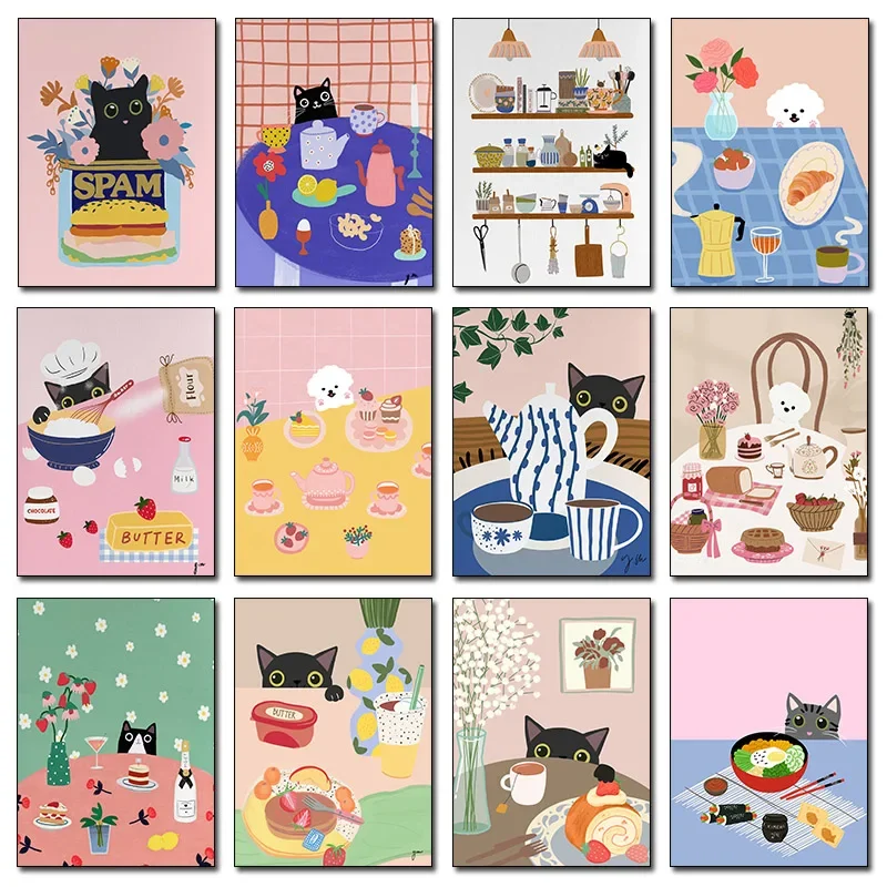 Lustiges süßes Kaffee-Katzenbrot, Welpe, Croissant-Hund, Poster und Drucke, Leinwanddruck, Wandkunst, Bild für Wohnzimmer, Küche, Dekor
