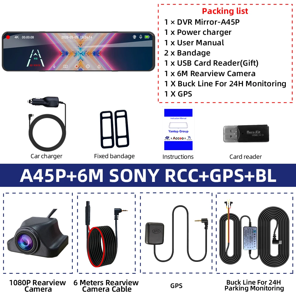 4K Achteruitkijkspiegel Rijden Recorder HD Nachtzicht Loop Recording Dash Cam Optioneel Achteruitrijcamera Achteruitrijcamera Auto DVR
