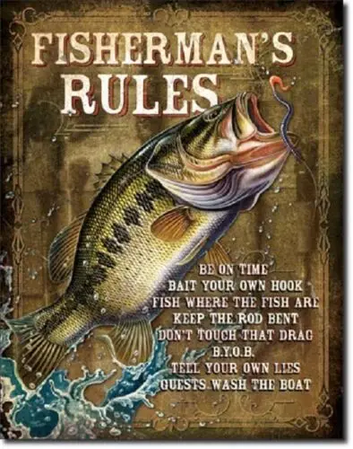 Fisherman's Rules Bass Fishing Lake Hunt Cabin Rustic Wall Decor Metal Tin Sign