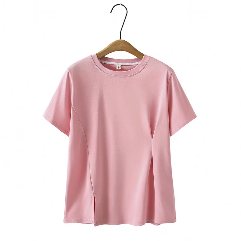 

100kg Summer New Simple Top Plus Size Women's Tees Solid Color Round Neck Irregular Waist Slit Short Sleeve T-Shirt 2506