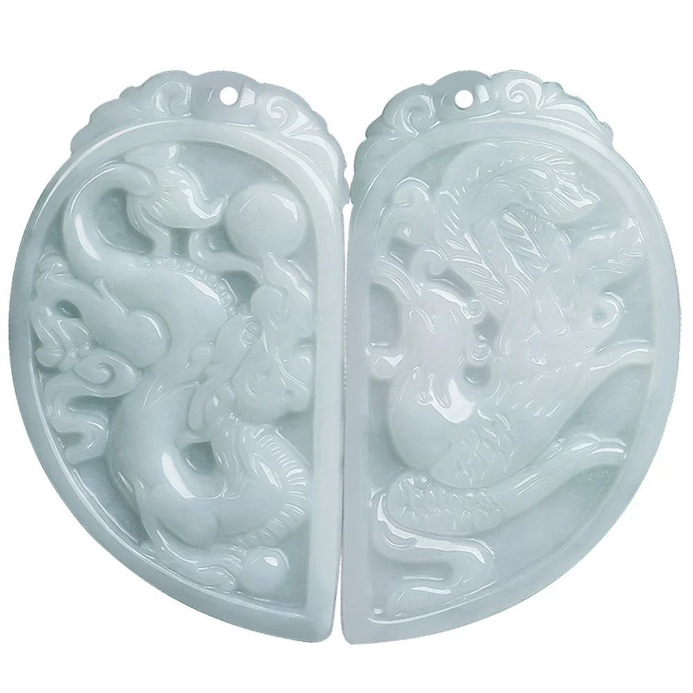 

Charm Natural Green Jadeite Carved Dragon Phoenix Pairs Pendant Amulet Necklace Certificate Trendy Jade Vintage Gift Jewelry