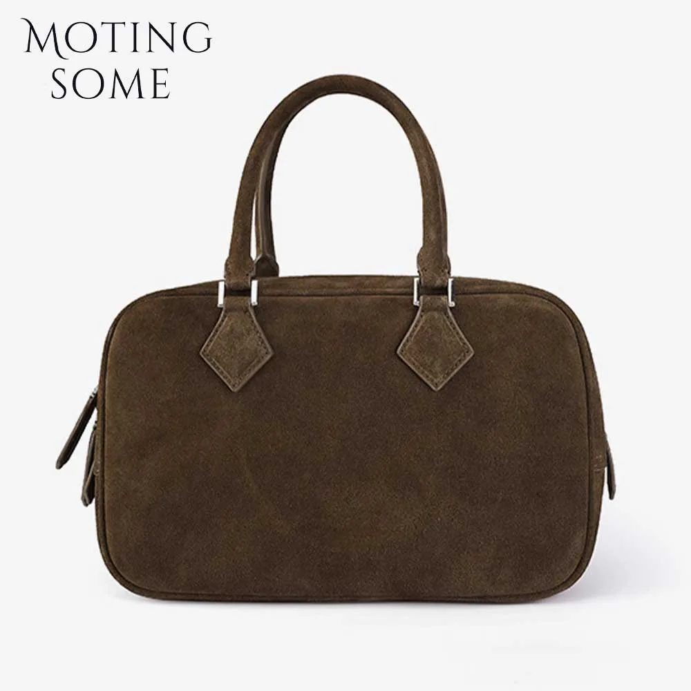 

Motingsome Luxury Boston Bags Genuine Leather Woman Tote Crossbody Vintage Bowling Handbag Purses Suede Cowhide Pillow 2024 New