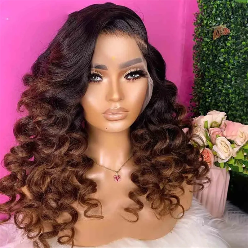 Ombre Brown Soft Glueless Preplucked 28 inch Long 200% Density Deep Wave Lace Front Wig For Women With Baby Hair