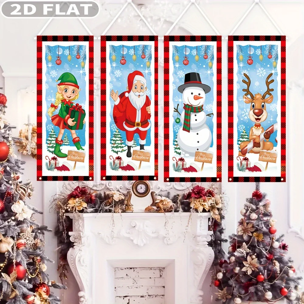 2D FLAT 4pcs Christmas Hanging Banners Set, 40x102cm Multipurpose Polyester Holiday Porch Hangings, Santa, Snowman, Reindeer