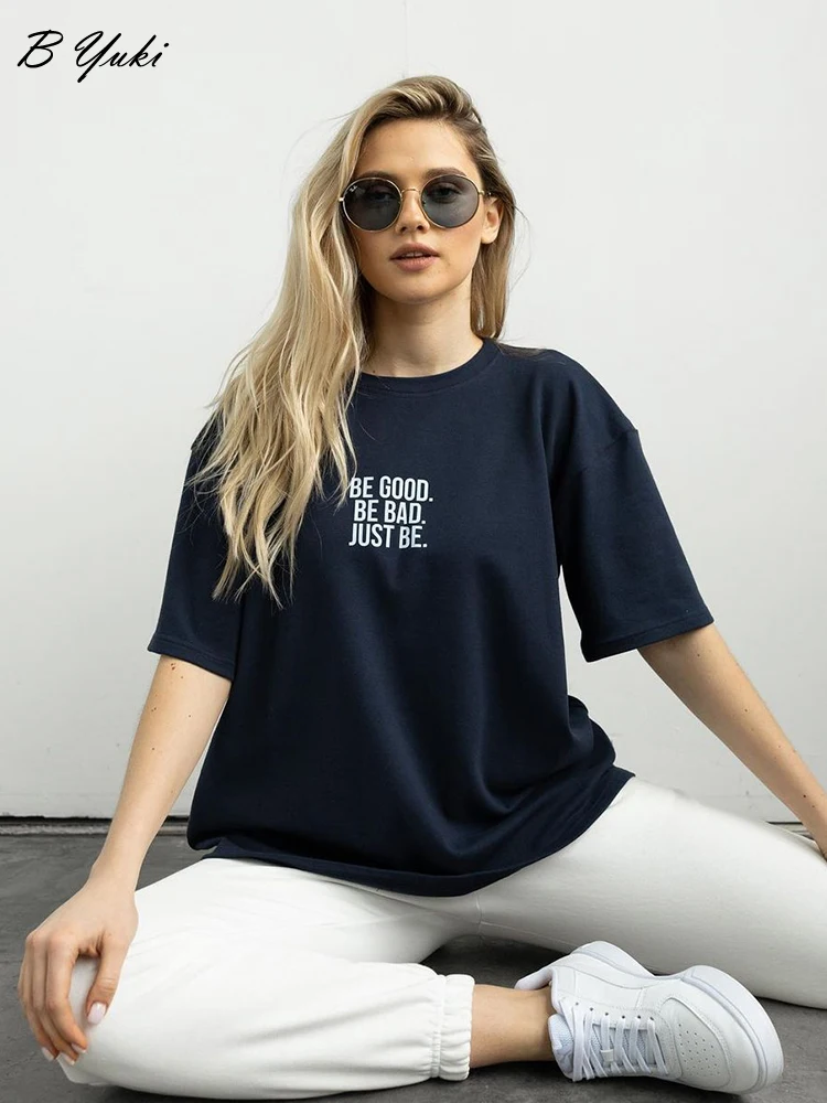 Blessyuki Summer Casual High Street T Shirts Women 2023 Loose Cotton Letter Printed Tees Oversized Soft Short Sleeve Female Tops