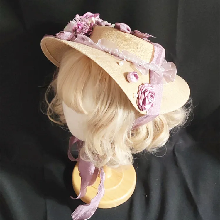 New Flat Top Retro Women Lolita Bonnet Sun Hat Flower Lace Wide Brim Headdress Afternoon Tea Party Accessory