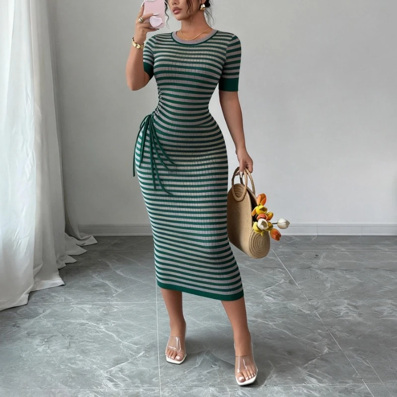 Damen Grünes Gestreiftes Rundhals-Kurzarmkleid mit Selbstbindung, Dehnbares Strick-Bodycon-Maxikleid, Lässiges Sommer-Alltags- und Partykleid