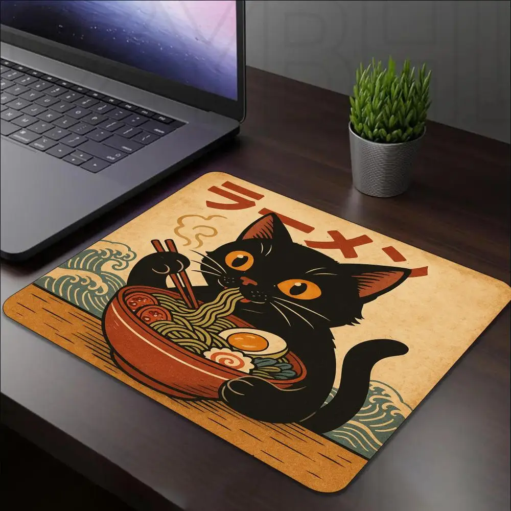Square Mouse Pad Vintage Japanese Black Cat Ramen Print Stitched Edge Anti‑Slip Rubber Desk Mat for Gaming Working Home Office