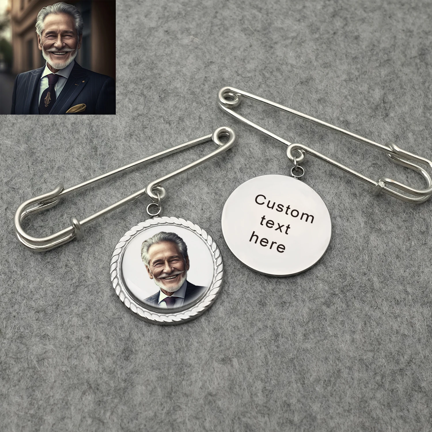 Customized Photo Brooch Memorial Pins Wedding Bouquet Picture Charms Boutonniere for Groom Bride Memory Funeral Pin Men Women