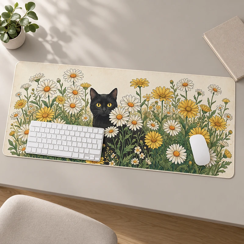 Mouse Pad Black Cat Orange White Daisies Gaming XL HD Computer Mousepad XXL keyboard pad Natural Rubber Carpet Non-Slip Mice Pad