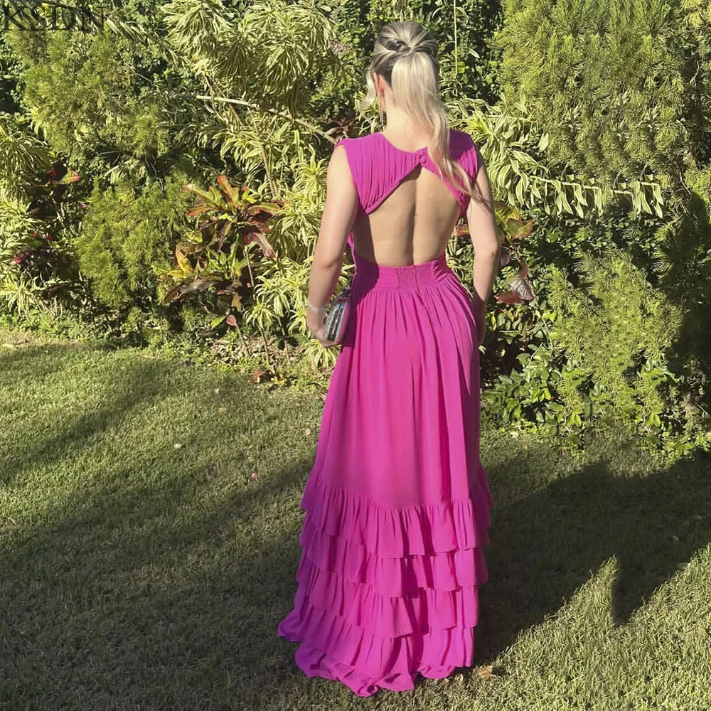 KSDN Luxury O-Neck Sleeveless Pleat Evening Dresses Special Occasion Backless Draped Gowns Customized High Quality Dress 2025