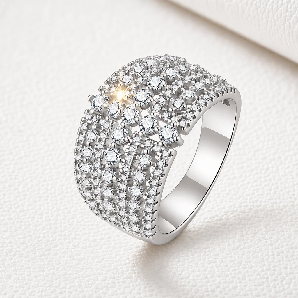 925 Sterling Silver Multi-Row Paved Moissanite Wide Band Ring for Women GRA Certified Statement Wedding Jewelry Gift