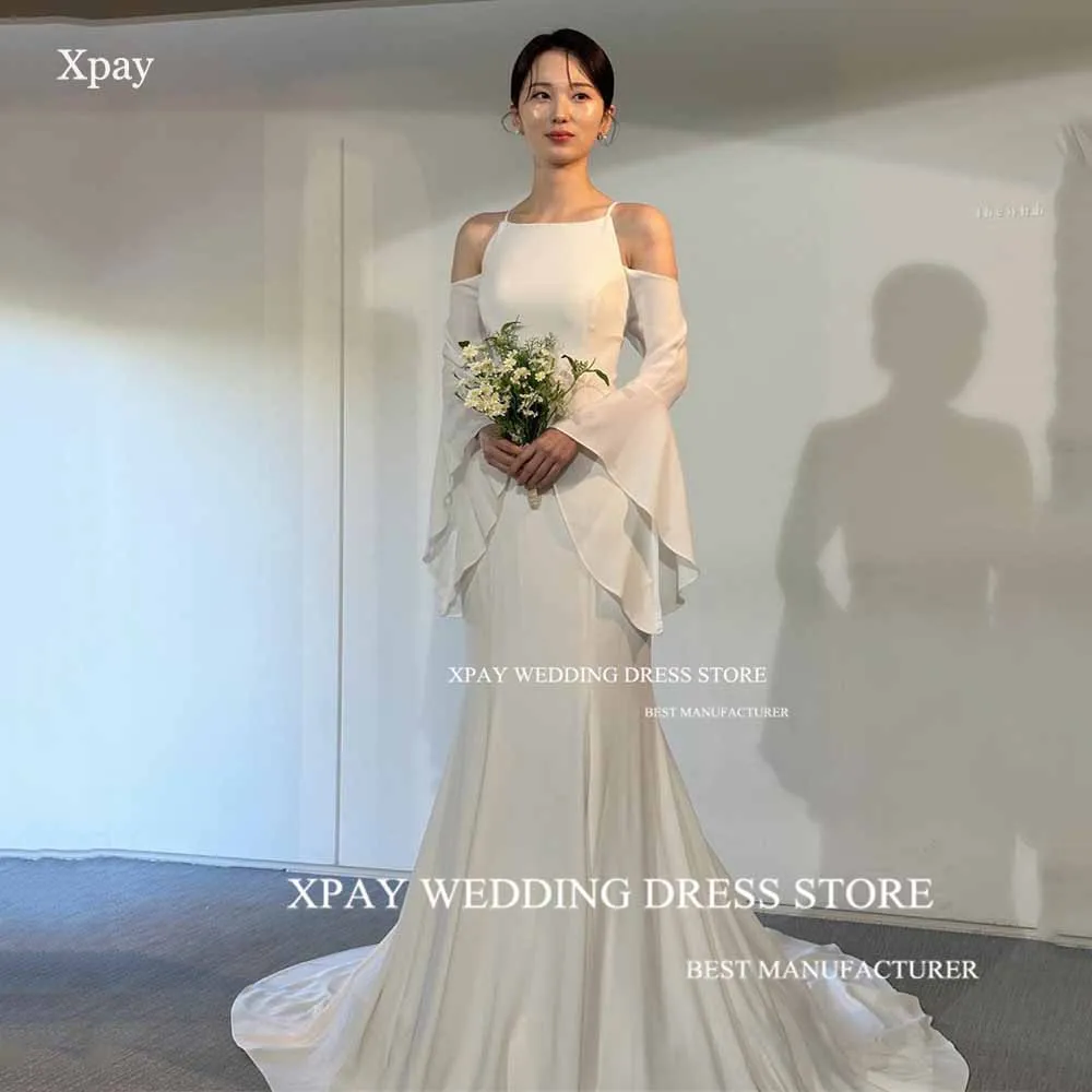 

XPAY Simple O Neck Mermaid Korea Wedding Dresses Elastic Satin Long Puff Sleeve Bridal Gown Photos Shoot Open Back Bride Dress