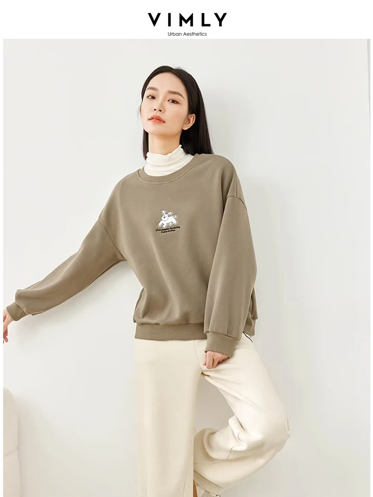 Vimly O-neck Women\'s Sweatshirt 2023 Winter Thick Warm Long Sleeve Pullovers Cotton Straight Loose Casual Woman Clothing 30039