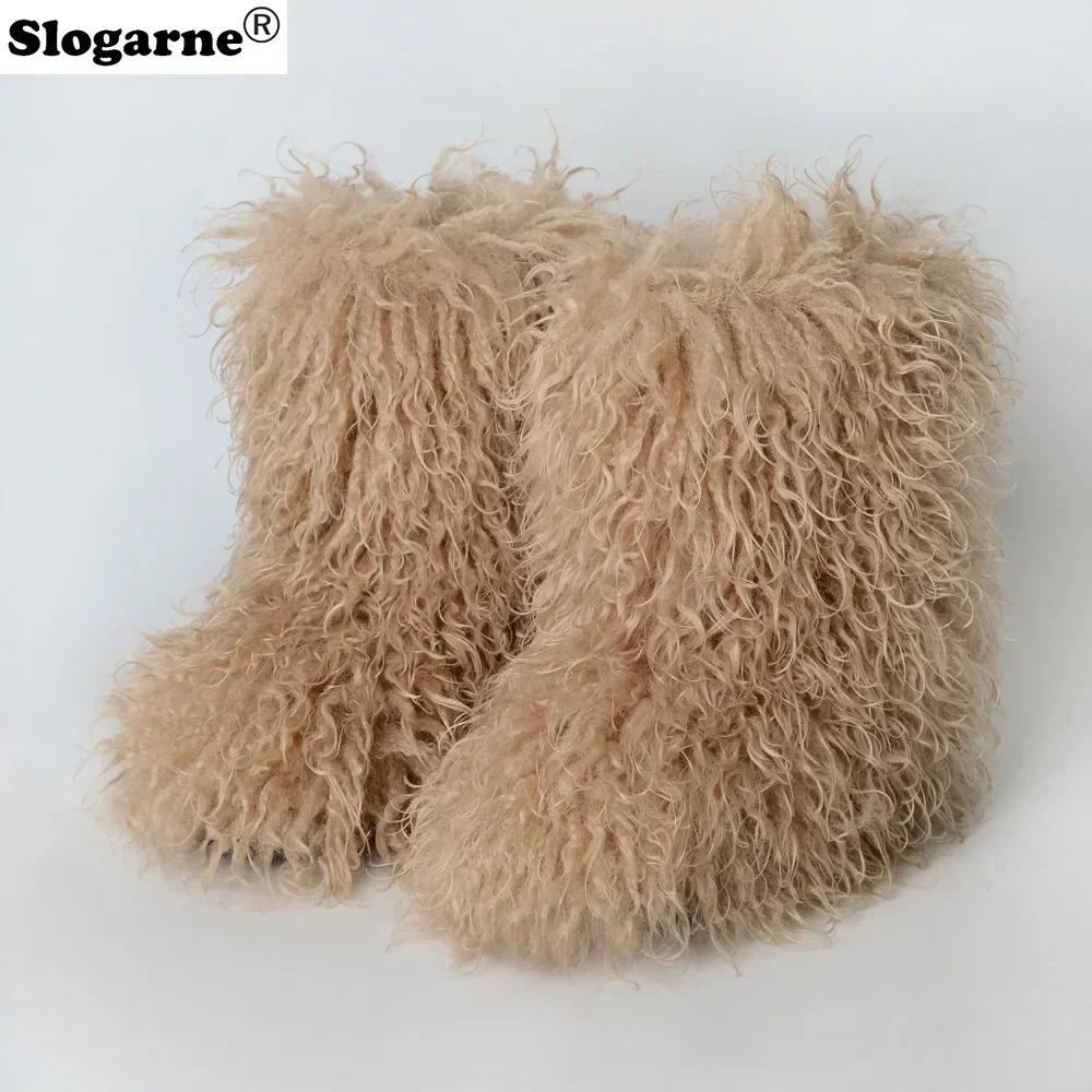 Ladies Trendy Mongolian Fur Boots Women Fahsion Teddy Fur Snow Boots Fluffy Warm Faux Wool Y2K Winter Shoes Plush Warm Footwear image 2