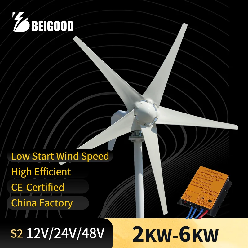 Wide Application Horizontal Axis Wind Turbine Windmill Wind Generator 2KW/4KW/6KW China factory 12/24/48V CE-Certified 3/5blades