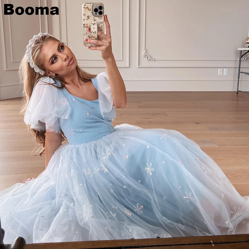 

Booma A Line Fairy Prom Dresses Square Collar Short Puff Sleeves Tulle Party Gowns Homecoming Graduation Dresses Outfits