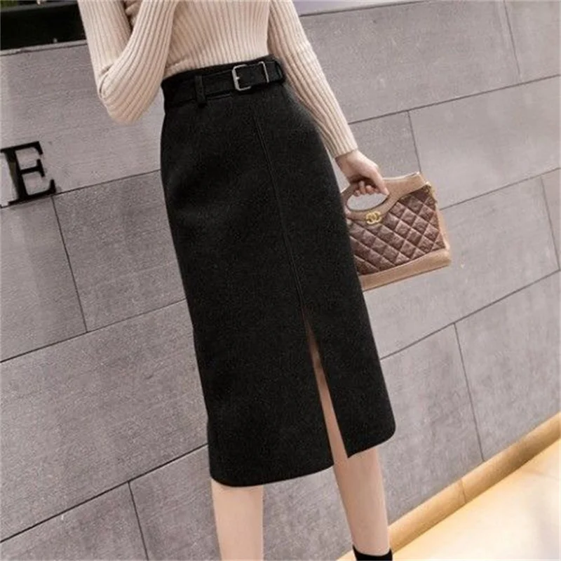 Elegant Winter Skirt for Women Luxury 2023 Korean Fashion Thick Warm Woolen Black Office Skirts Midi Jupes Faldas with Belt