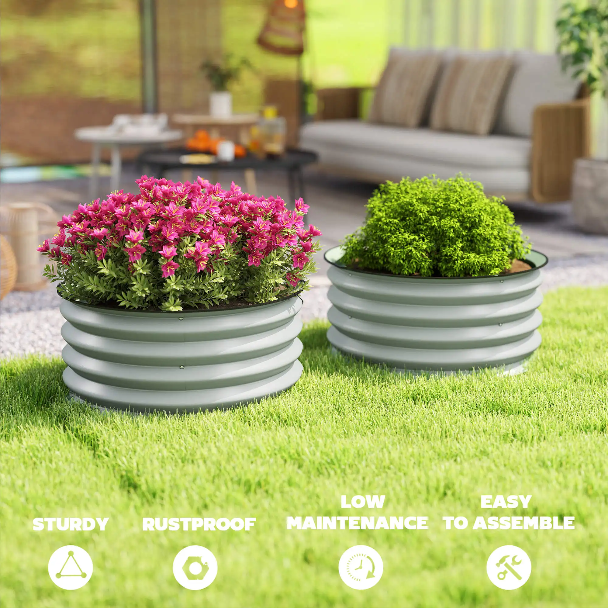 Set of 2 Raised Garden Bed Metal Planter Box with Safety Edging, Green
