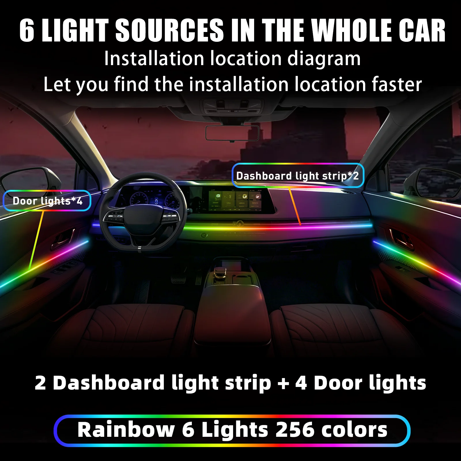 For TOYOTA 4Runner 2020–2025 DREAMCOLOR 6 Lights Kit 256 Colors Car Ambient Light Kit 6 in 1 Hidden Acrylic LED Strip Spiral Rotating Flow Neon Light Strip Helical Color Trail Effect SUV Interior Accent Lighting Aftermarket Tuning Refit Parts