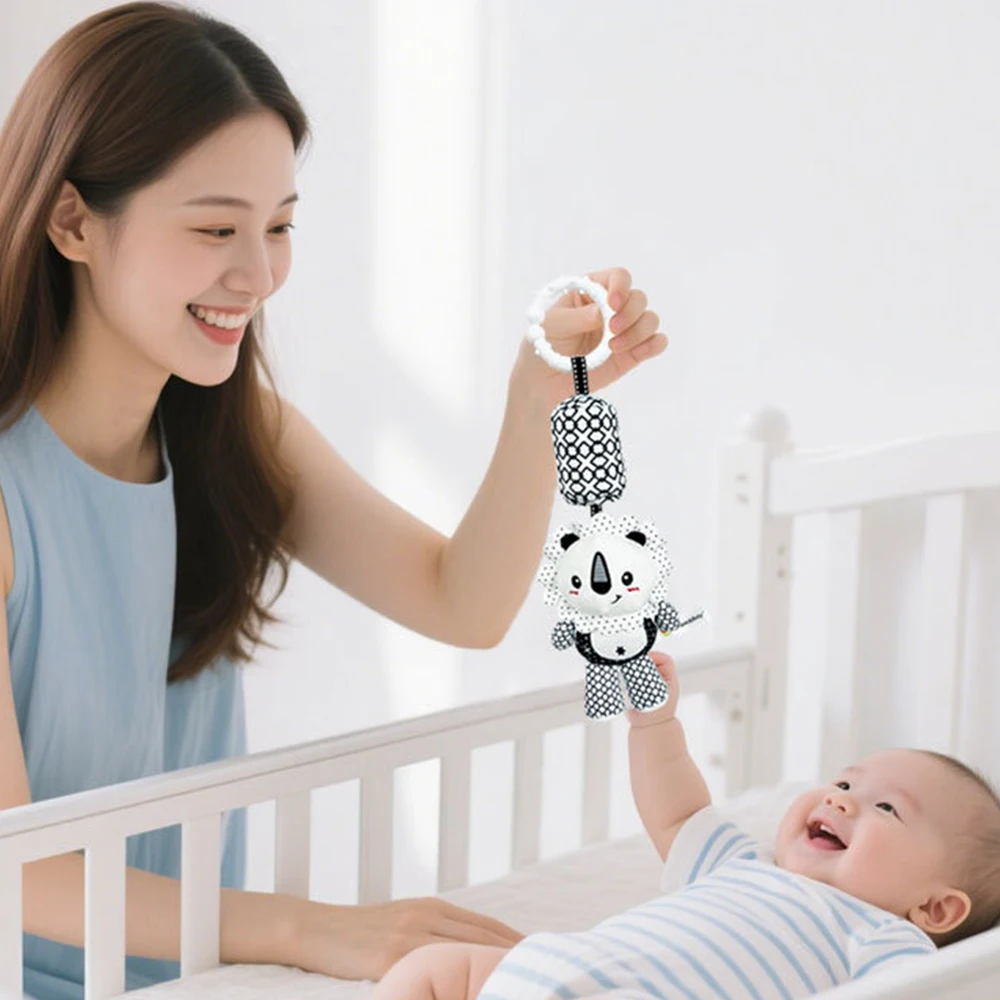 Hochets pour bébé, poussette, lit, berceau, cloche suspendue, poupée en peluche pour nouveau-né, noir et blanc, capacité visuelle, jouet d'entraînement, cadeau pour bébé