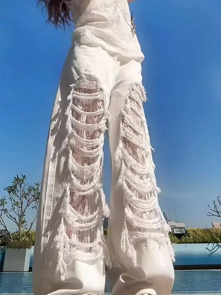 Vintage Harajuku Lace Distressed Jeans Women Wide-leg Jeans Hole High Waist Straight Pants Slim Joker Pants All-match Trendy New