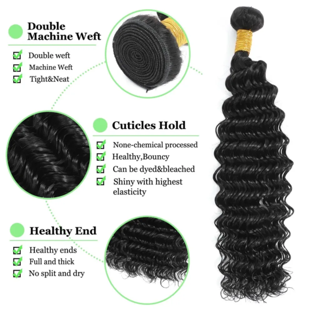 Deep Wave Bundles Human Hair 100% Unprocessed Brazilian Human Hair Bundles Extensions 26 28 30 Inch For Woman Natural Black #1B