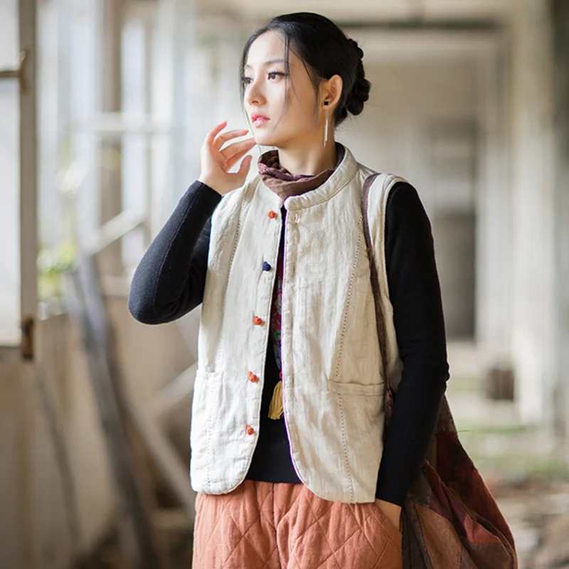Retro Women's Padded Vest Jacket Autumn Winter Warm Loose China Style Top Sweater Padded Coat for Fashionable Outerwear