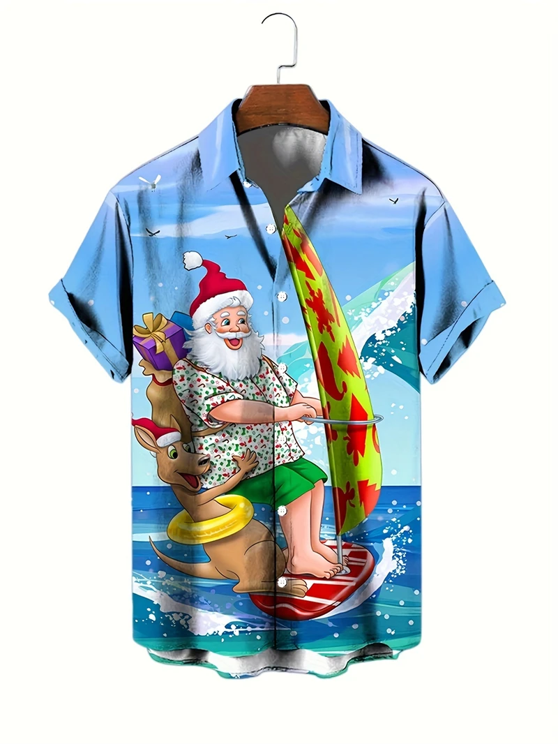 Weihnachten Grafik Santa Claus Mann Shirts Hawaiian Harajuku Tops Kurze Print T Revers Mode Urlaub Übergroße Kleidung Y2k Tops