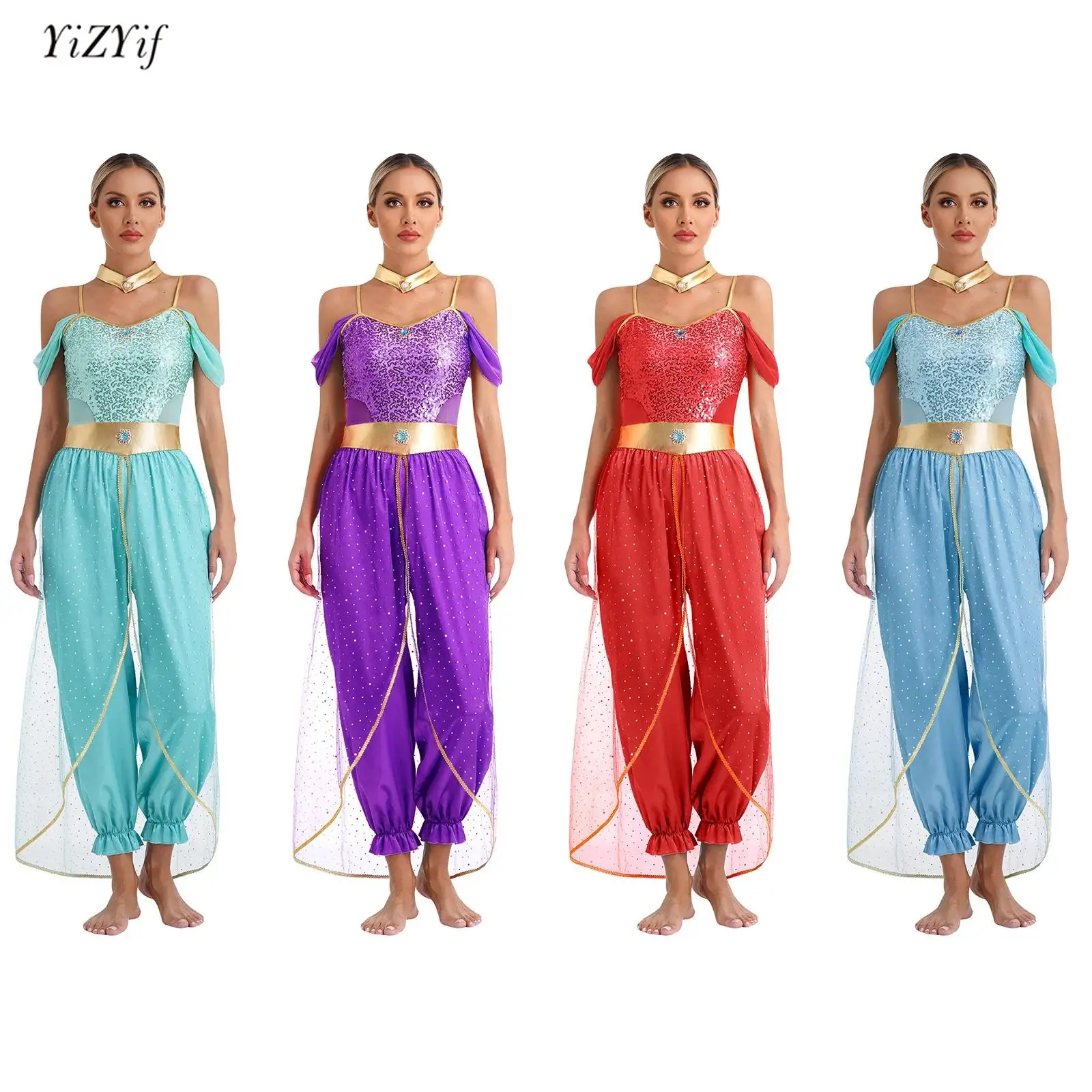 

Halloween Arabian Princess Cosplay Costumes Womens Belly Dance Costume Shiny Sequins Romper+Choker Collar Outfit Party Dancewear