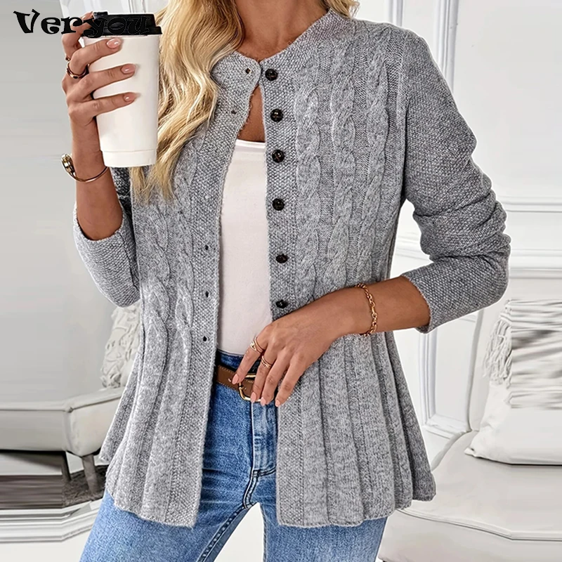 Elegant Long Sleeve Knitted Cardigans Ladies Autumn Winter Solid Color Gray Button Sweater Jacket Women Casual Coat