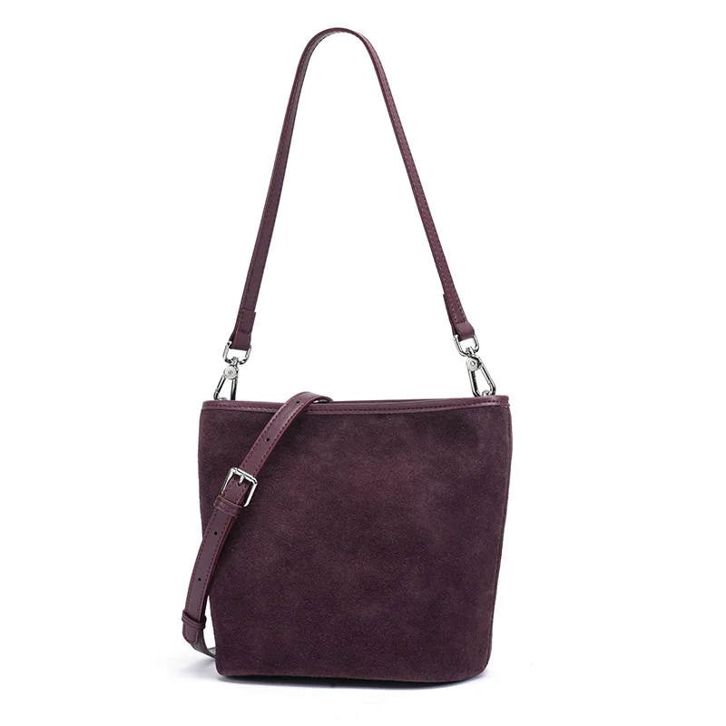 Women's Suede Cowhide Bucket Bag Large Capacity Multi-Compartment Crossbody Lightweight Minimalist Underarm Purse Daily Use