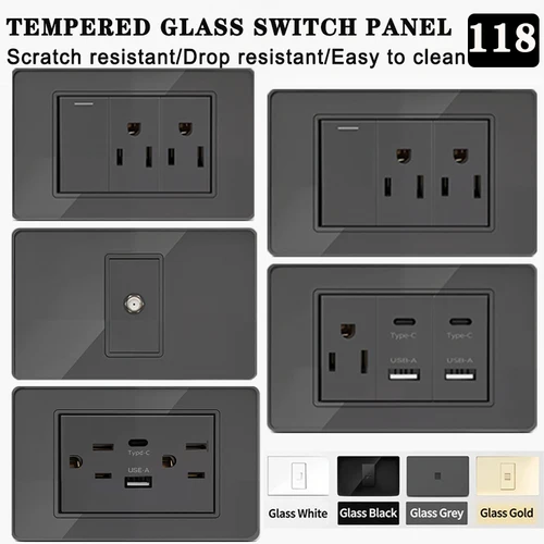 Serie 118 118*75mm vidrio templado enchufe de pared tailandés de EE. UU. puertos USB duales tipo C interruptor de luz electrodoméstico inteligente 110V oficina en casa