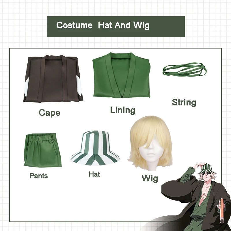 Anime Urahara kiuke Gotei 13 Costume Cosplay parrucca scarpe Kimono Halloween per uomo donna completo (mantello e top e pantaloni e cappello)