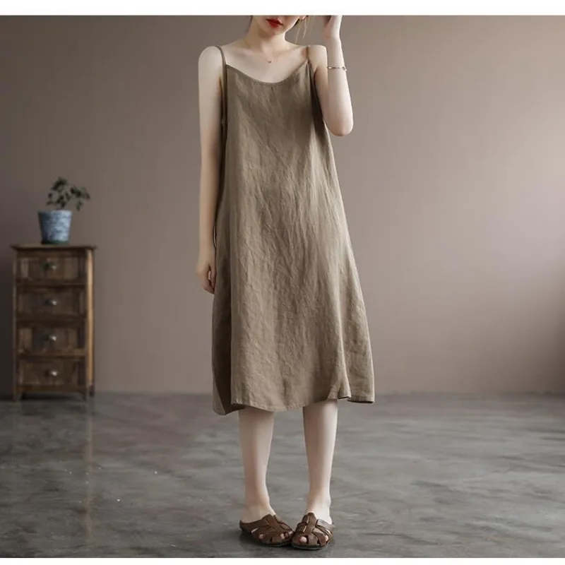 Summer Women\'s Clothing New Suspender Cotton Linen Solid Color Loose Breathable Covers the Belly Slim A-line Length Dresses