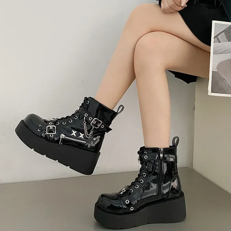 Platform Wedges Women Ankle Boots Autumn Winter Gothic Street Comfy Fashion Cool Woman Shoes Motorcycle Boots Big Size 43