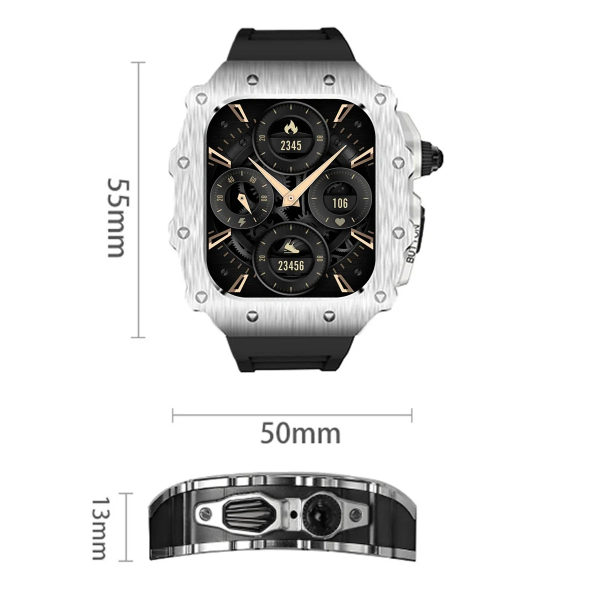Luksusowy zestaw modyfikacyjny do Apple Watch S11 10 46/44/45mm, obudowa ze stali nierdzewnej do IWatch Series 9 8 7 6 SE3, silikonowa klamra z zapięciem na szpilkę. — zdjęcie produktu 6