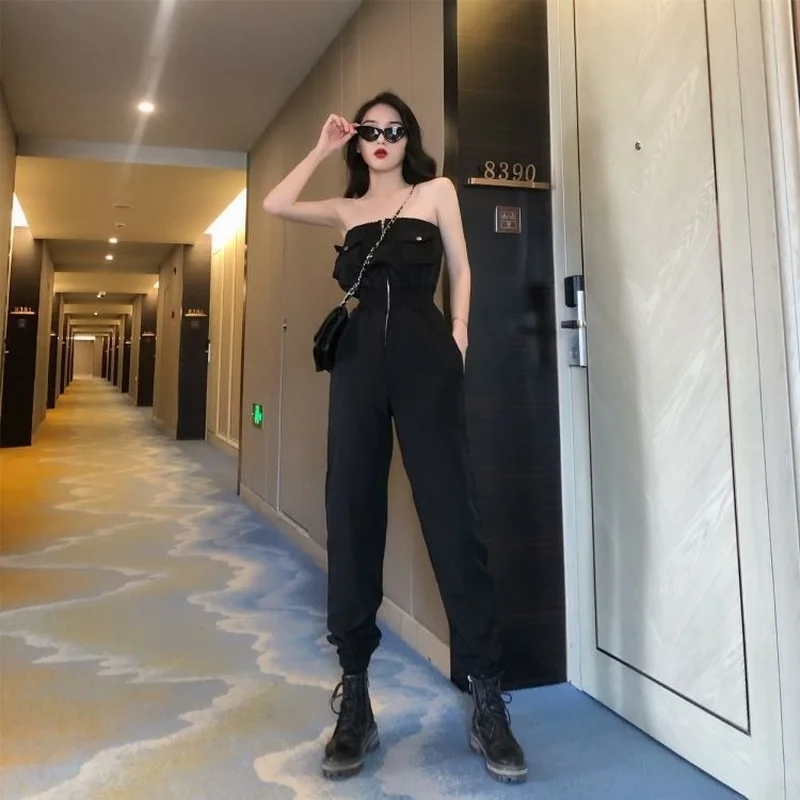 Tute Donna Estate Nero Slash Neck Pantaloni cargo Sexy Punk gotico Ragazze Moda Full Length Chic Harajuku Streetwear Tunica
