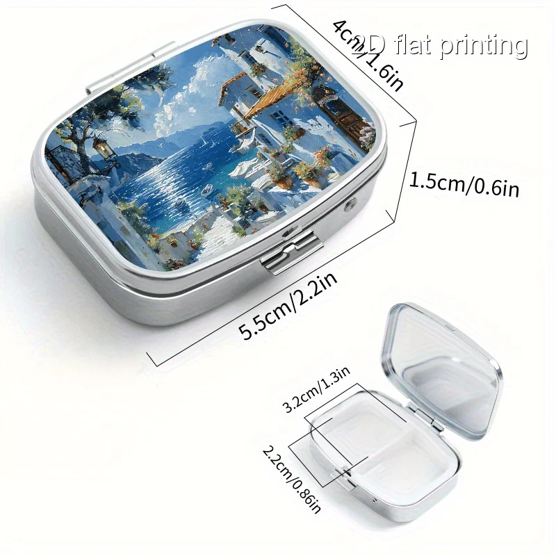 Beach Town Print Mini Pill Box - Dual Compartment Design, Portable Metal Pill Box, Suitable for Travel and Outdoor Activities, Can Also Be Used to Store Jewelry, Earrings, Vitamins, Etc. - Moisture-Proof, Unique Gift Choice