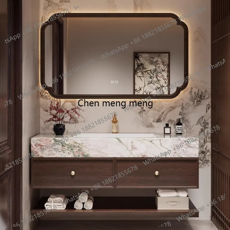 

Solid wood bathroom cabinet combination rock slab seamless integrated bathroom washbasin