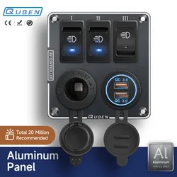 QUBEN-Dual USB soquete carregador, voltímetro LED, interruptor, painel multi-funções para RV, iate, carro, barco, caminhão, veículos, van, QC3.0